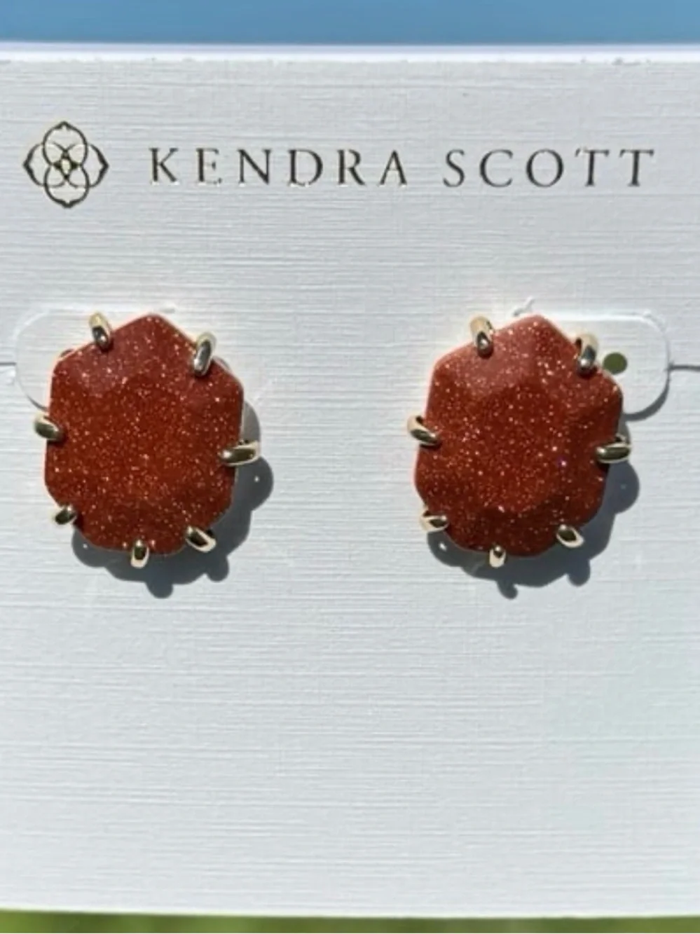 Retired Kendra Scott Morgan Studs Goldstone Gold Tone HTF Rare Discontinued - Picture 2 of 5