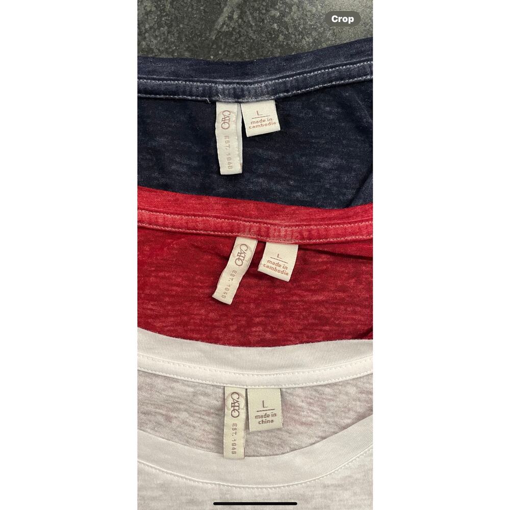 CATO set of 3 ladies tees, navy, red and white with floral peace sign. LG