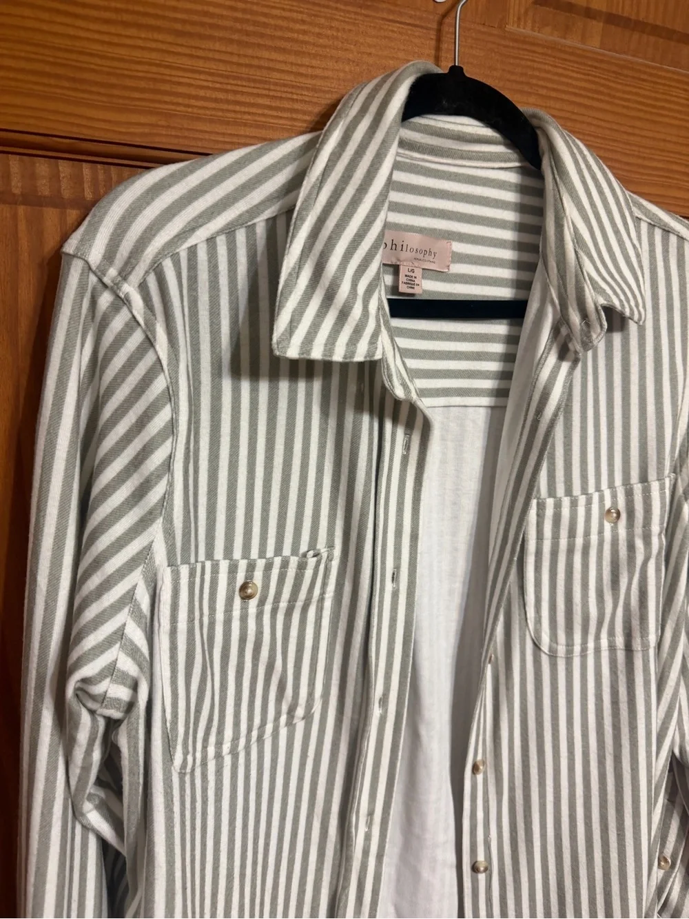 Philosophy Green and White Striped Button-Up Shacket Large - Picture 3 of 6