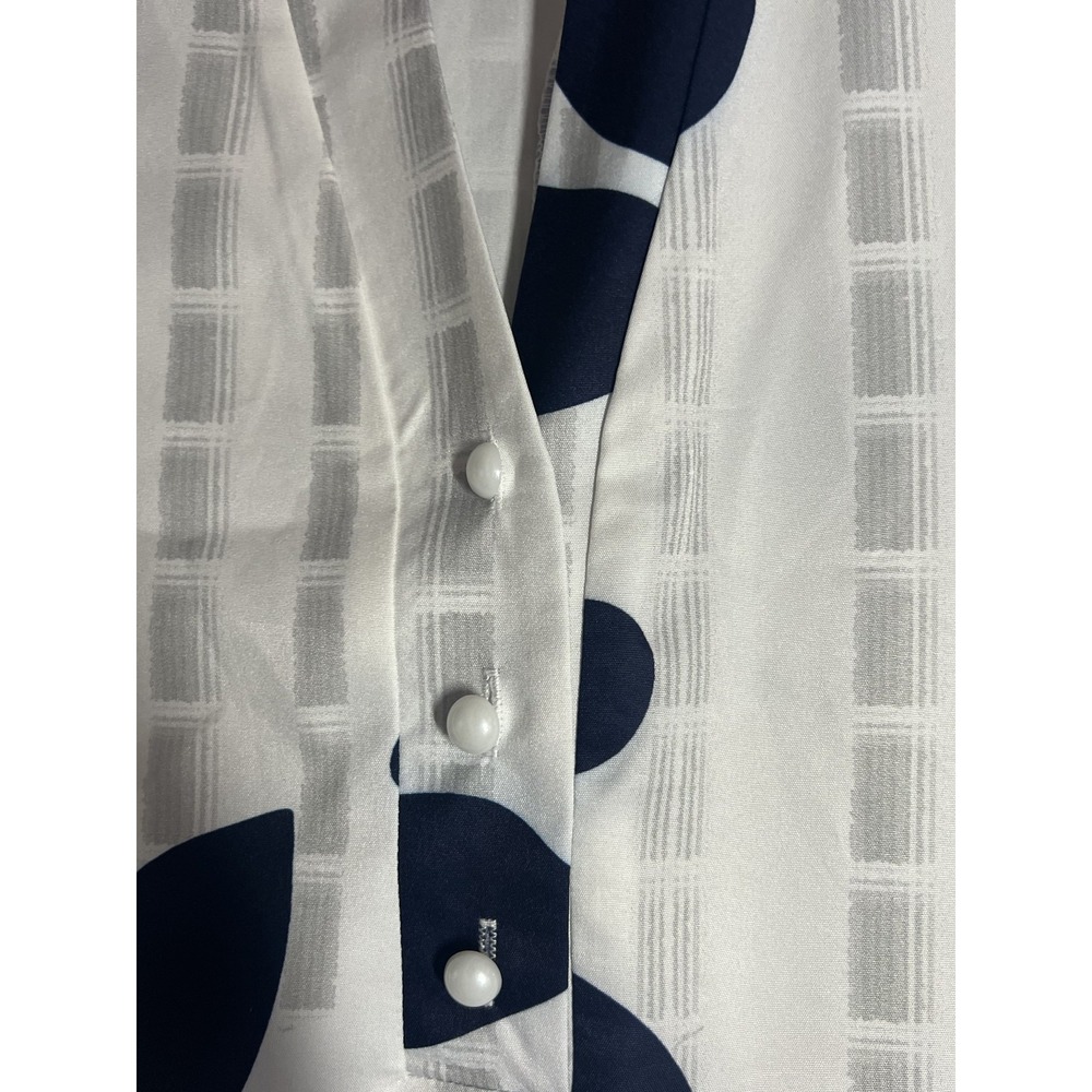 Women's Sleeveless Collared Shirtdress White Navy Leaf Pattern Pockets Size L - Picture 6 of 7