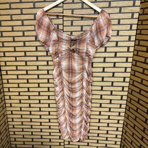 Madden NYC Brown And‎ Orange Plaid Ruched Dress Size Large