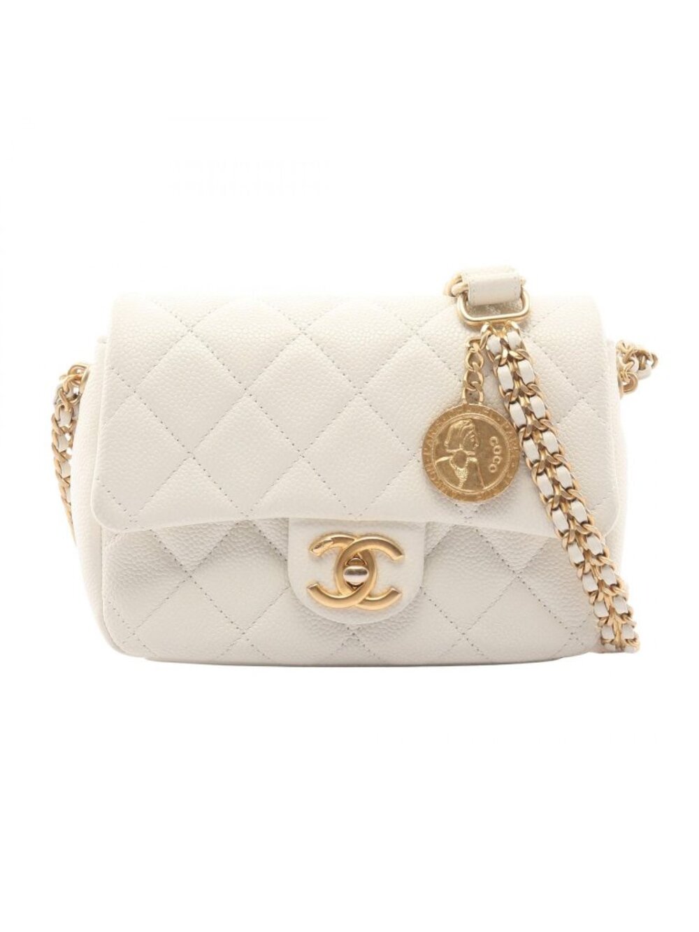 Chanel Shoulder Bag Quilted White Leather Small Flap Chain