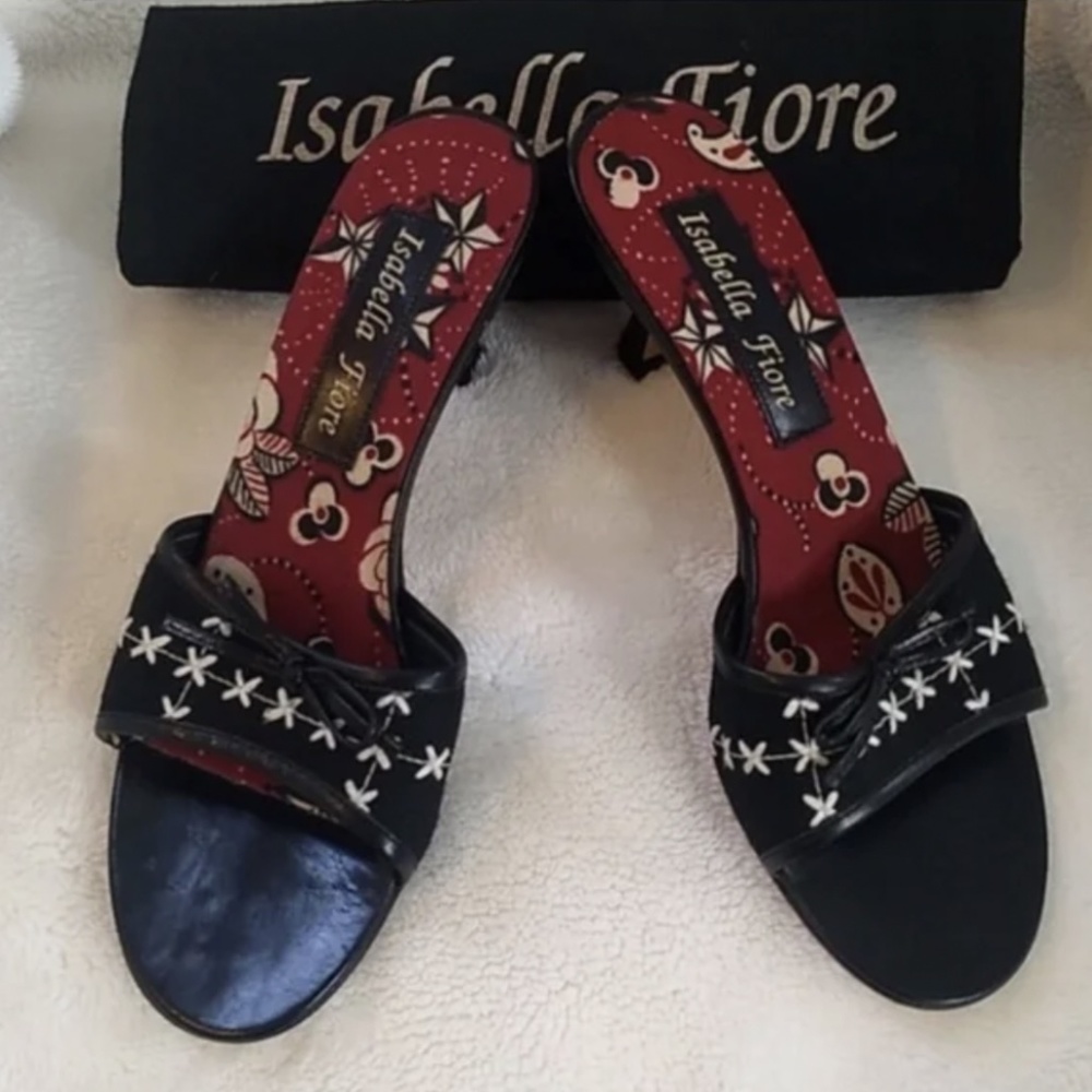 Isabella Fiore Black Sandal Mules with Red Floral Insole