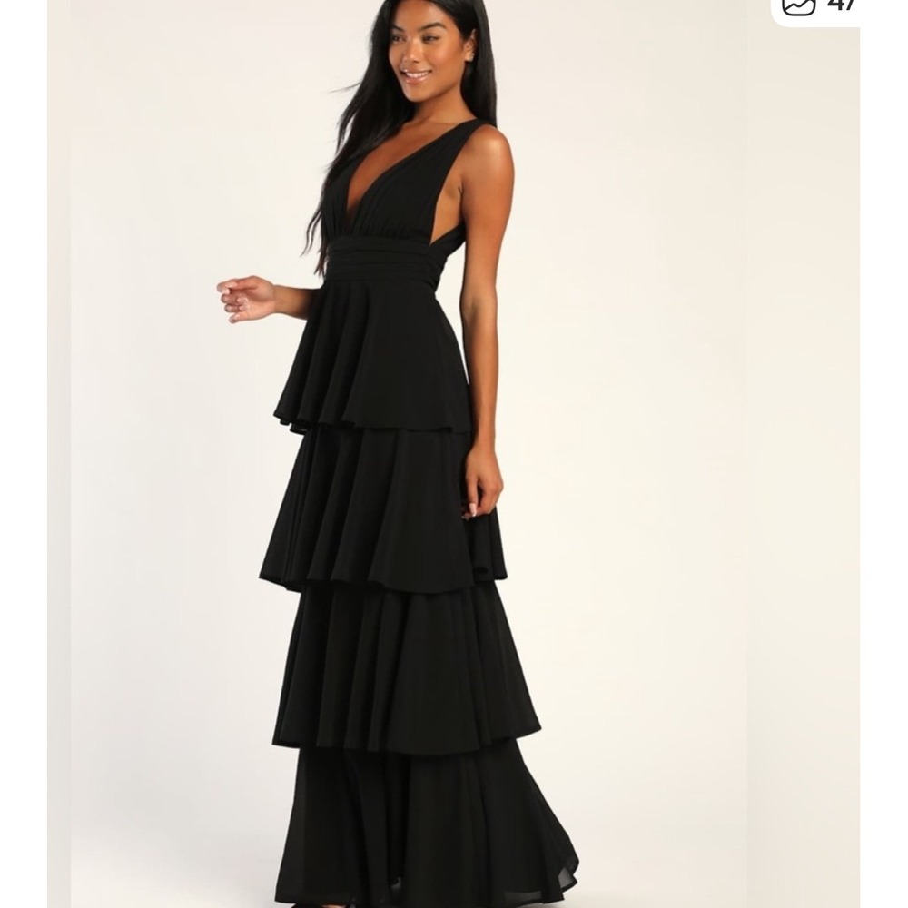 Lulus Black V Neck Tiered Ruffle Maxi Dress‎ S