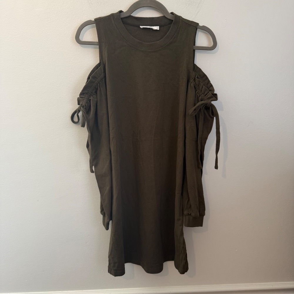 LUSH Olive Green Cold Shoulder Mini Dress Ruched Tie‎ Sleeve L642210-001 NEW