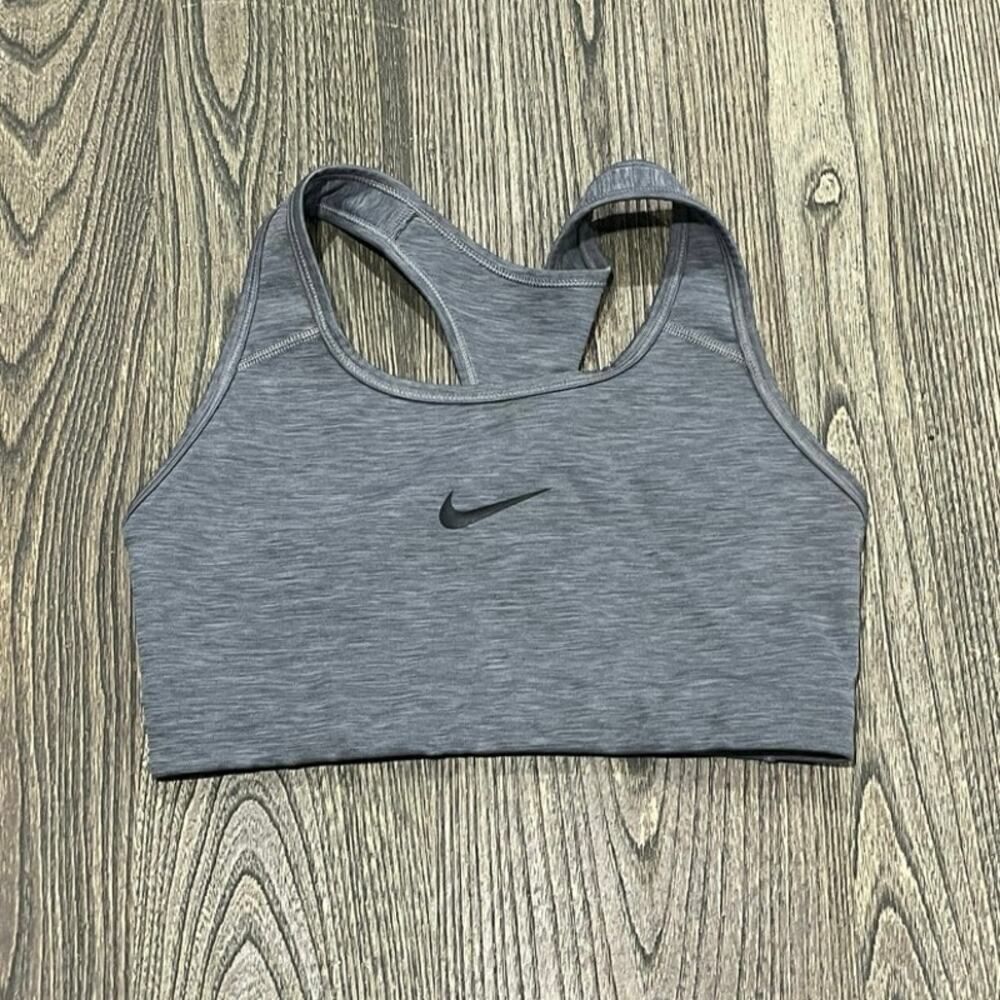 Nike Womens Dri-Fit Sports Bra Raceback Swoosh Logo Print Pullover Gray Size M