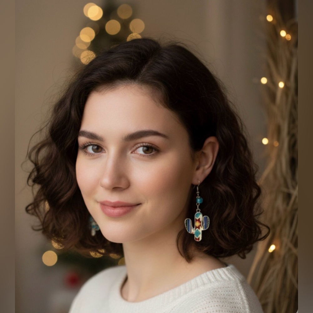Fun Silver Tone Cactus Enamel Turquoise Green Bead Dangle‎ Earrings Handmade NEW
