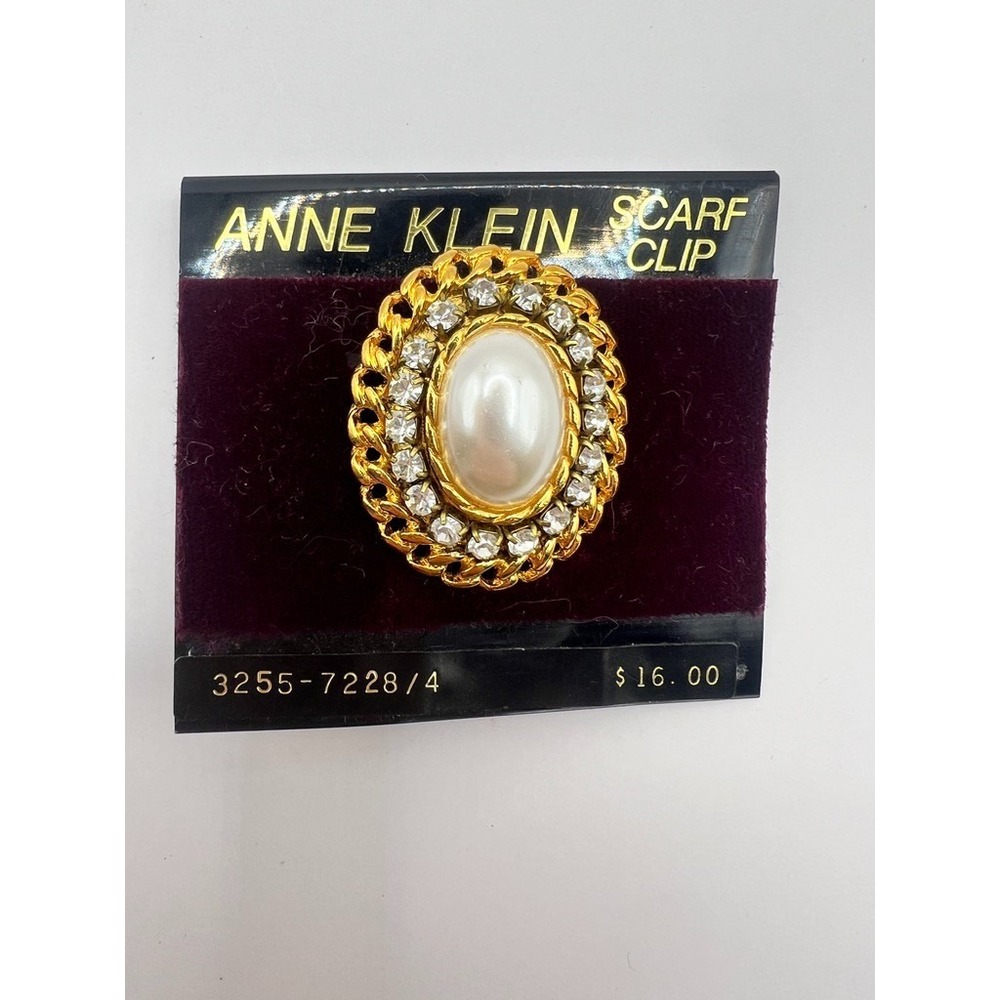 Vintage Anne Klein Gold Scarf Clip‎ Faux Pearl & Rhinestones NOS