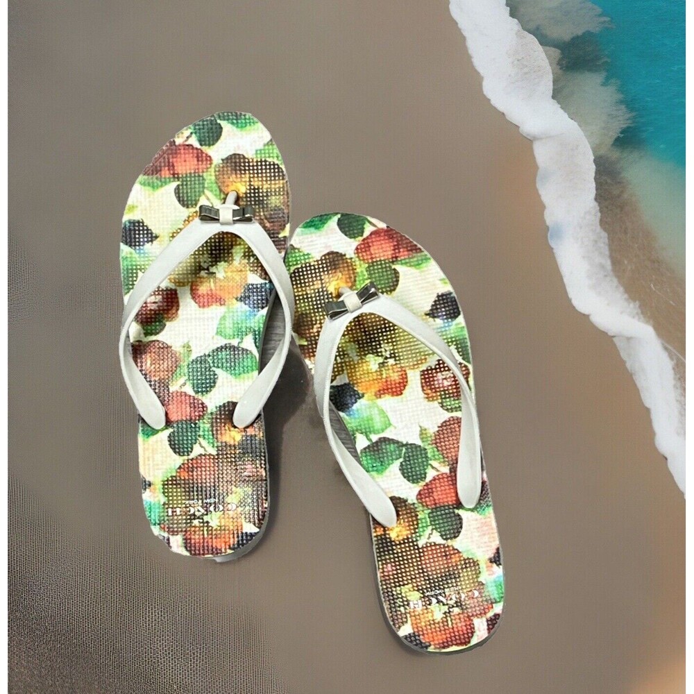 Coach Sandals Amel Signature Flip Flops Womens‎ 7 Silver Bow White Thong Shoes