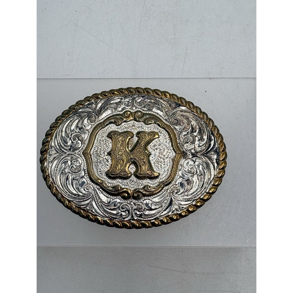 Crumrine Letter K Western Engraved Oval Belt Buckle USA Silverplate Gold Accent