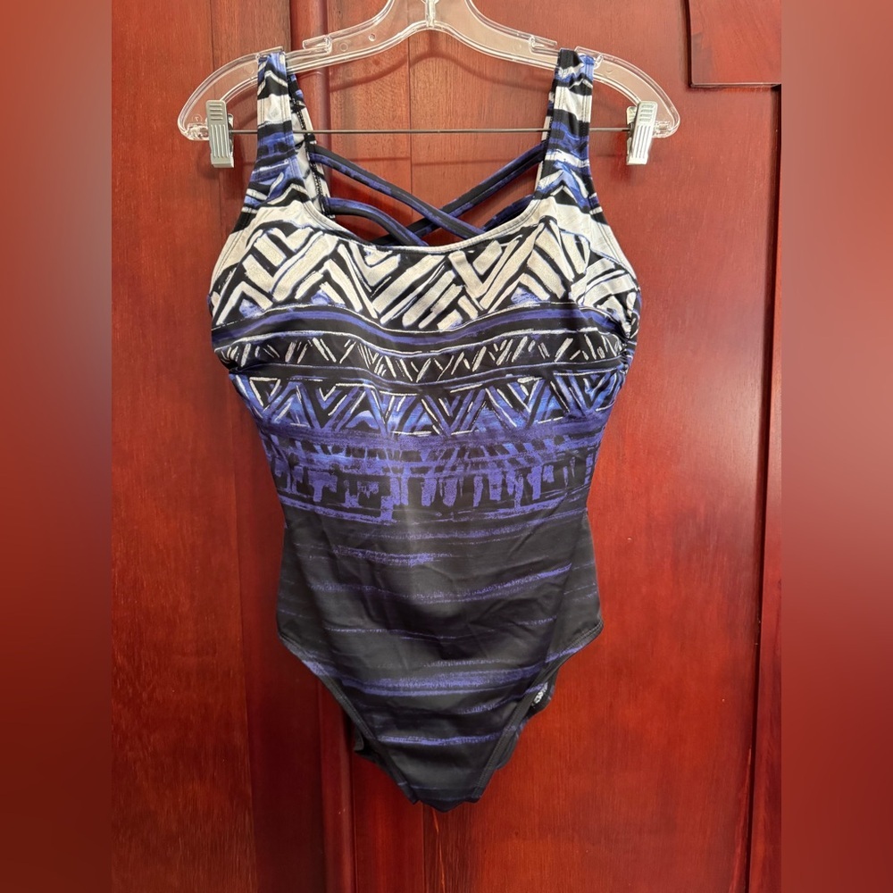 St. John's Bay Blue Black Silver One-Piece Swimsuit Bathing Suit Size 16