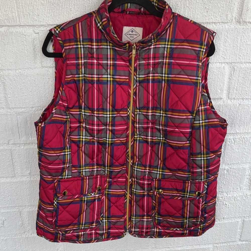 St. John's Bay Plaid Puffer Quilted Full Zipper Vest with Pockets sz XL