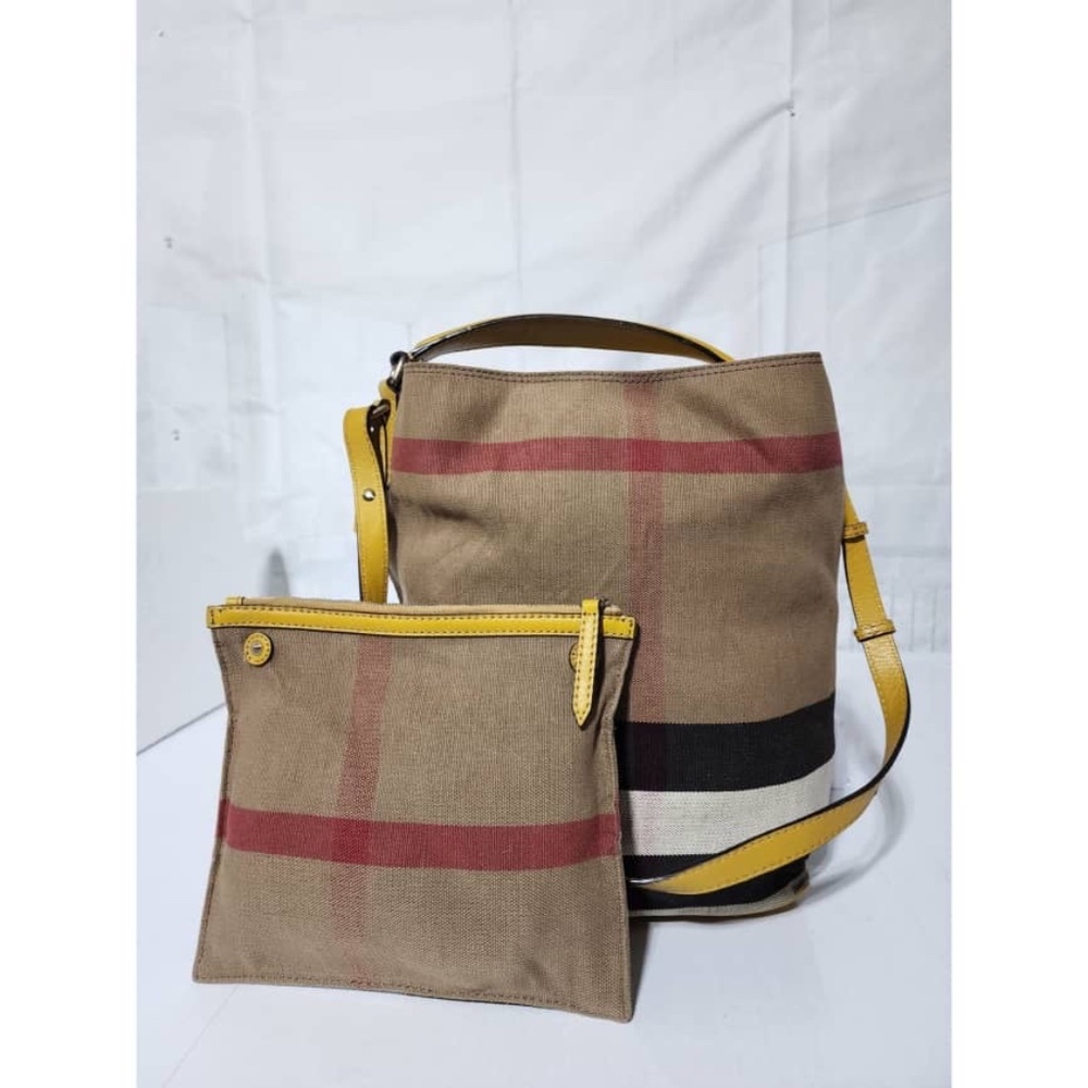 Authentic BURBERRY Canvas Mega Check Medium Ashby Hobo Saddle Bag Yellow/Beige - Picture 7 of 15