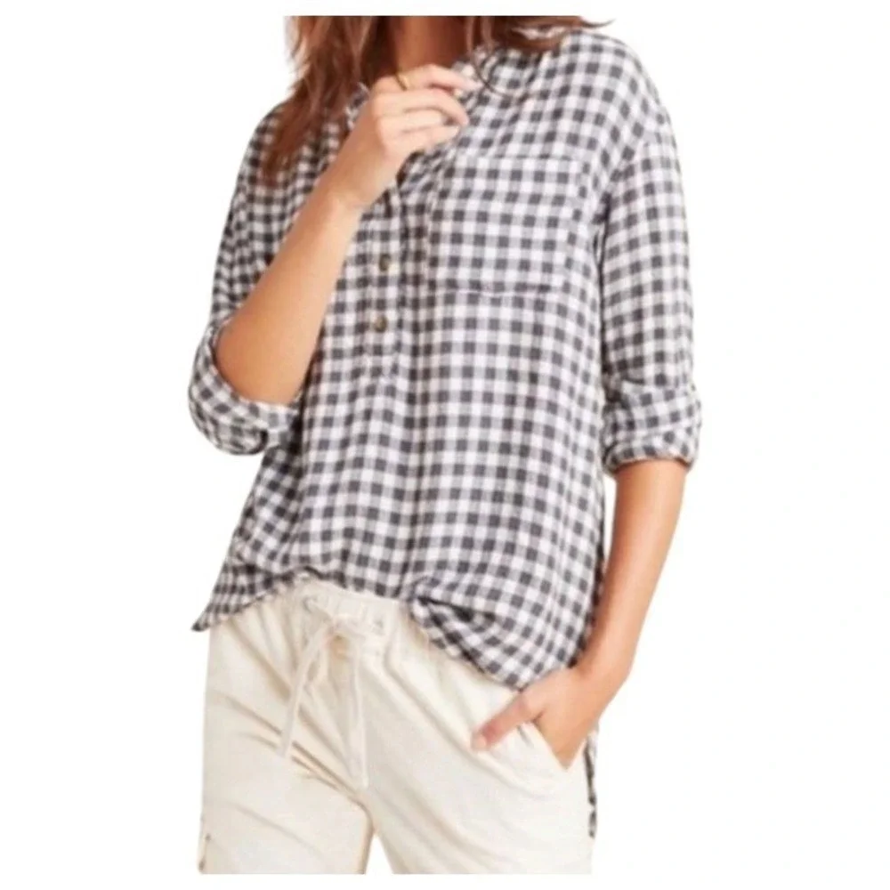 Anthropologie Women's Collared Shirt S Long Sleeve Button-Up White/Gray Check - Picture 3 of 13