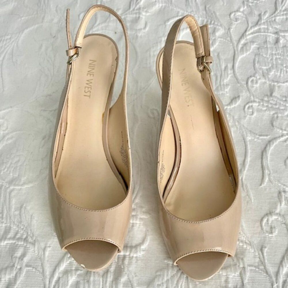 Nine West Nude Tan Patent Leather Platform Open Toe Slingback Heels Pumps 8M - Picture 3 of 6