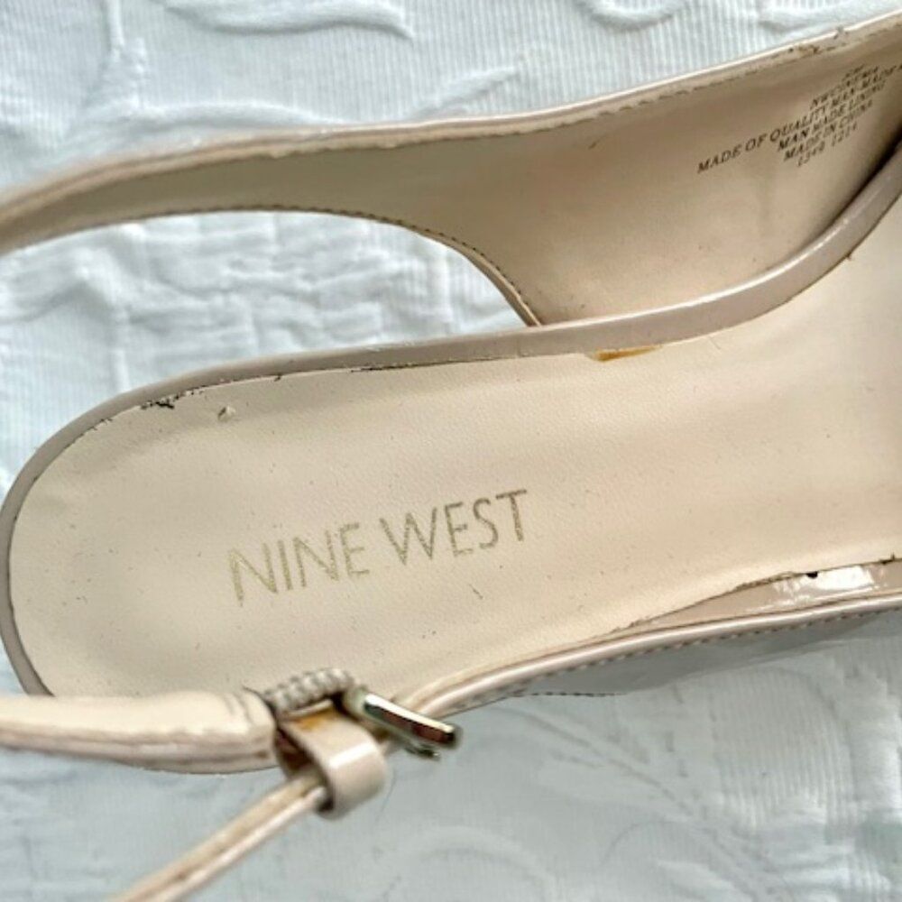 Nine West Nude Tan Patent Leather Platform Open Toe Slingback Heels Pumps 8M - Picture 5 of 6