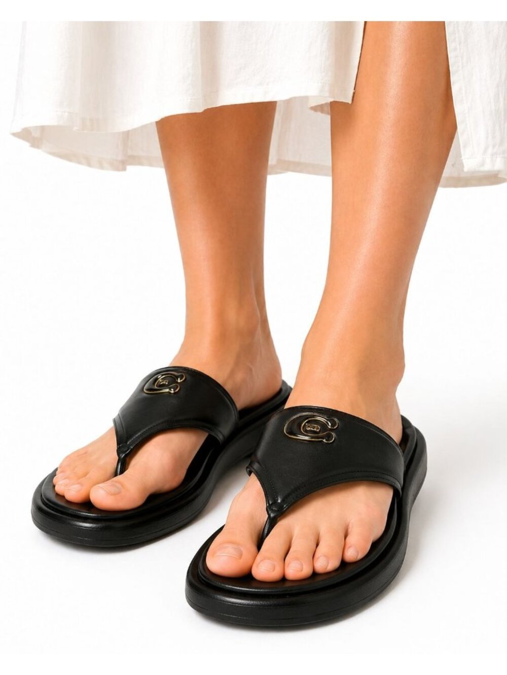 Coach Sylvie Leather Thong Sandals Signature C Hardware Black Slide