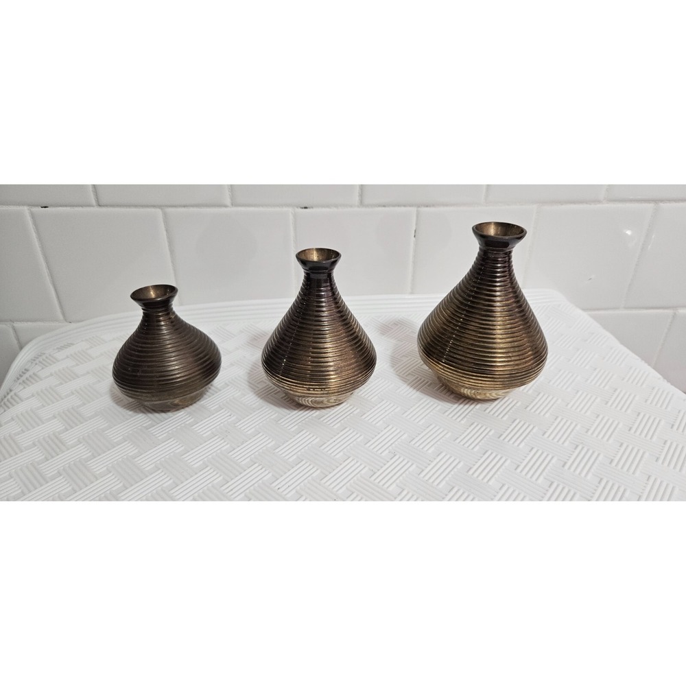 3 Bud Vase Brass Solid Mid Century Modern Coil Graduated 2" 3" 4"