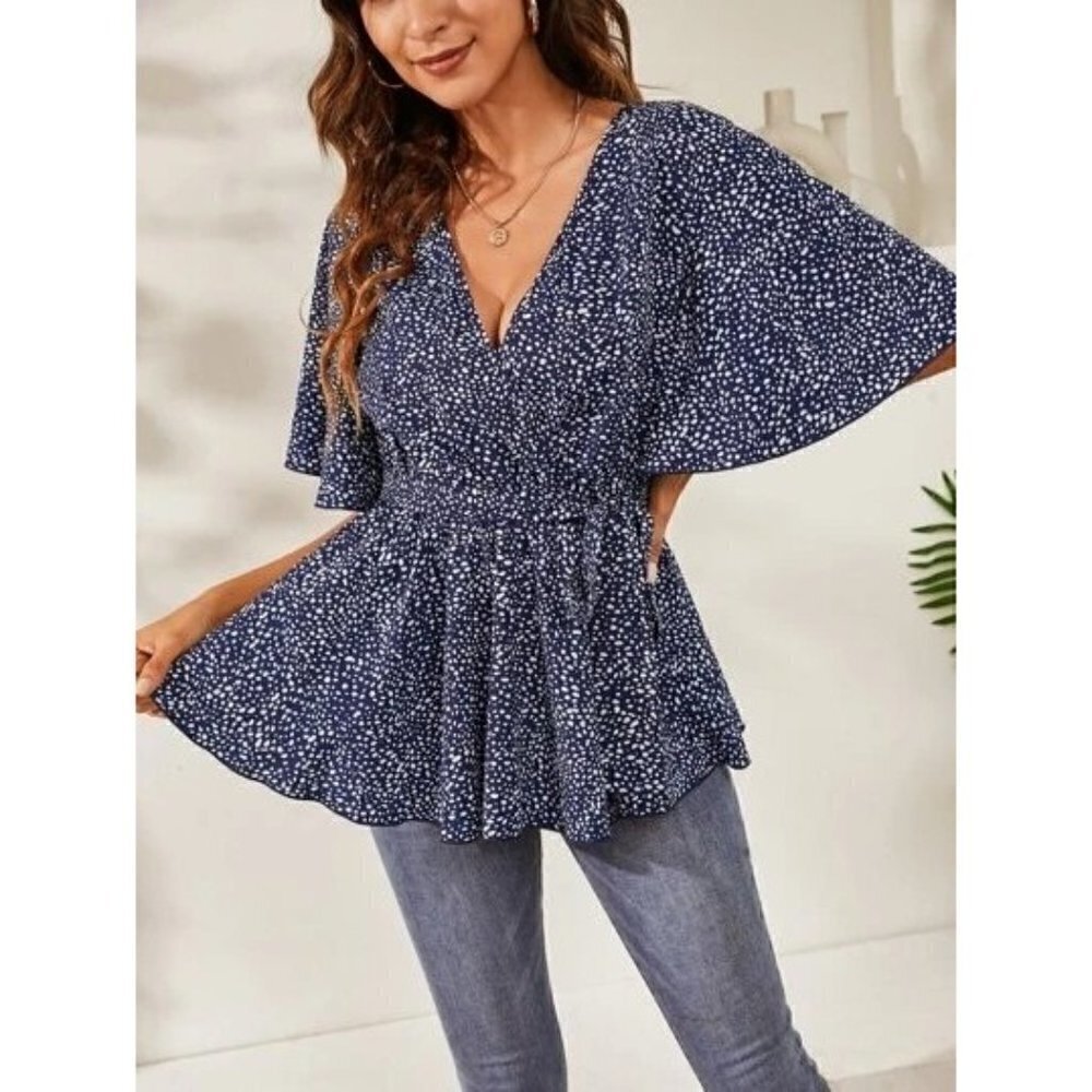 Boutique Navy Blue Dalmatian Dot Ruffle Hem Short Sleeve Top M