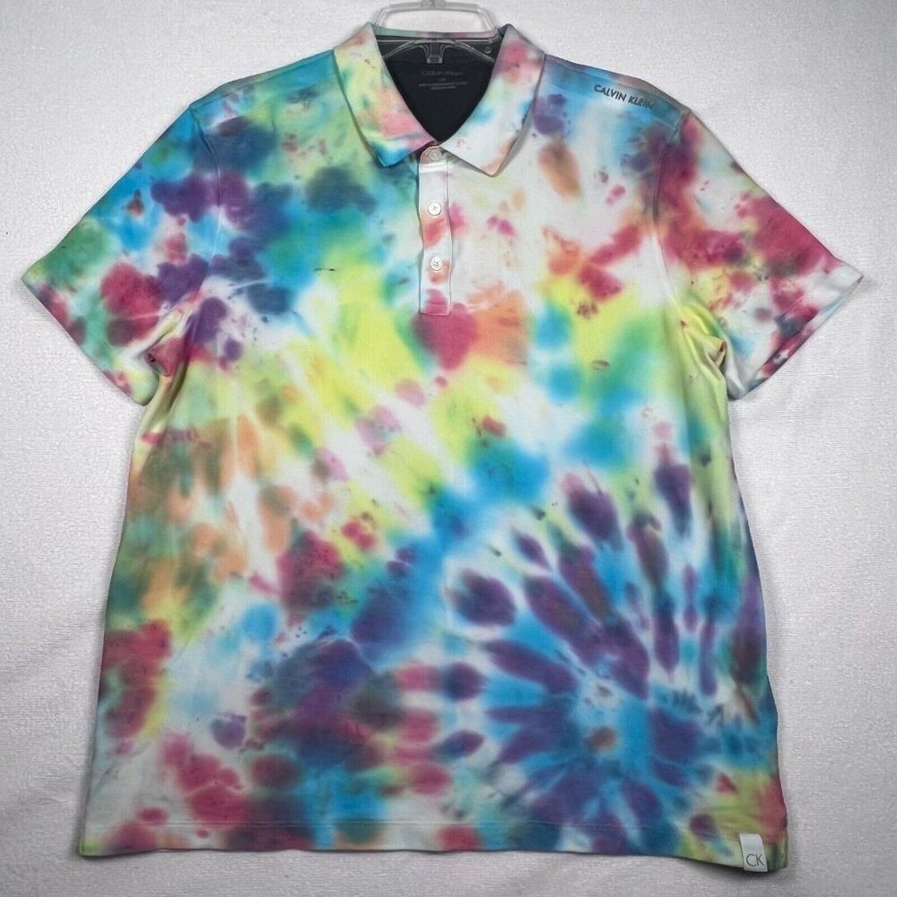 Calvin Klein Tie Dye Polo Shirt Womens LG Short Sleeve‎ 90s