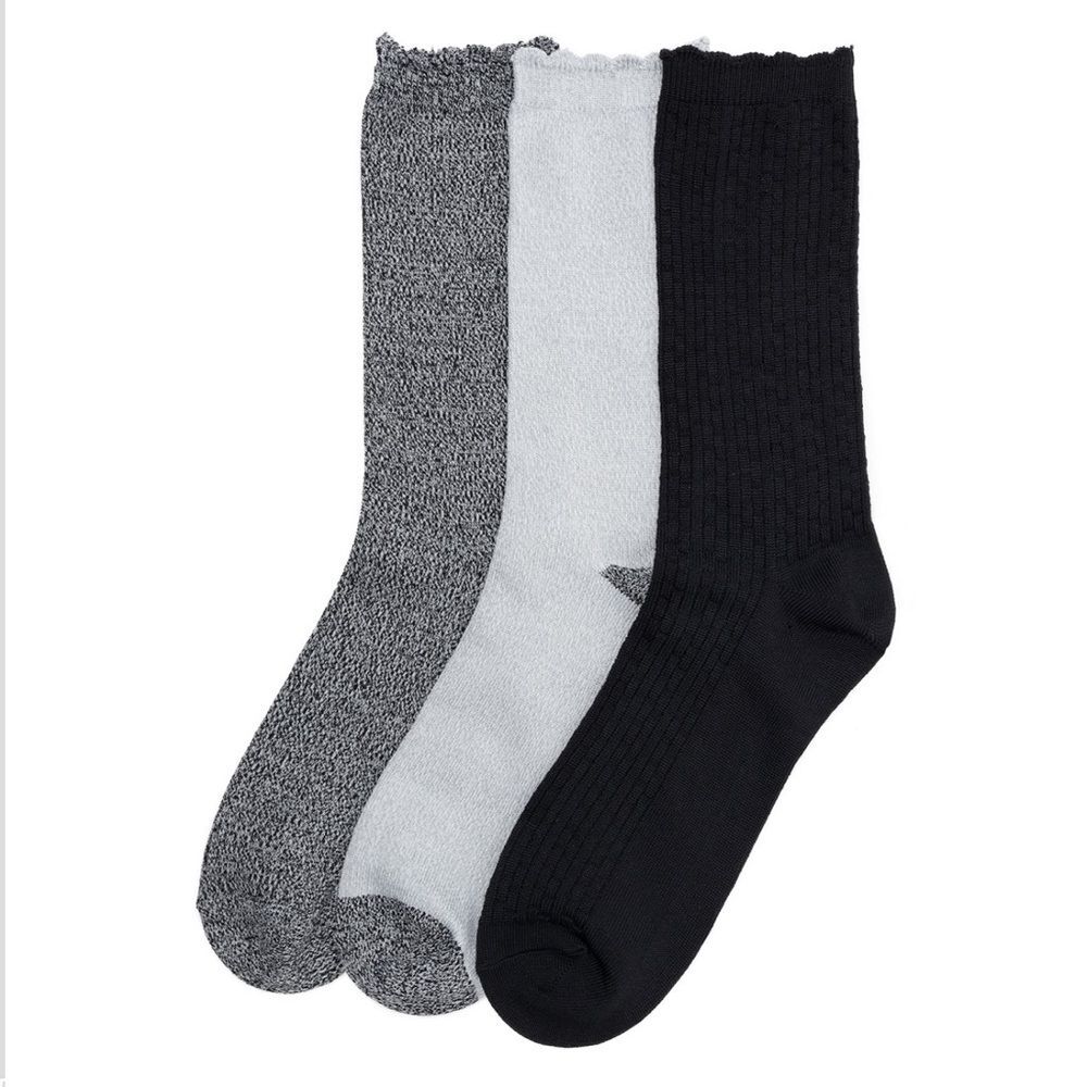 Cuddl Duds Plushfill 3-Pack Midweight Scallop Crew Socks NEW Black