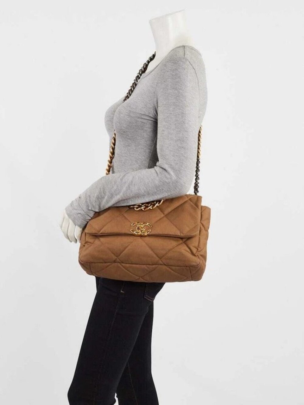 Chanel Brown Quilted Canvas Chanel 19 Large Flap Bag