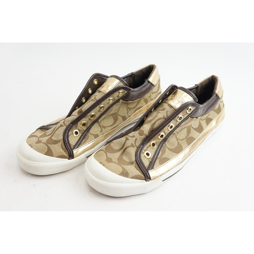 Coach Felix Sneakers 8.5B Gold Brown Signature Jacquard Metallic Excellent