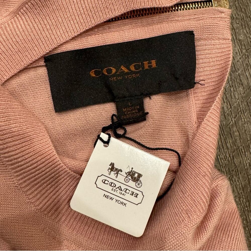NWT FLAWED Coach Merino Wool Zip Back Deco Pink Crew Sweater Size Large - Picture 5 of 12