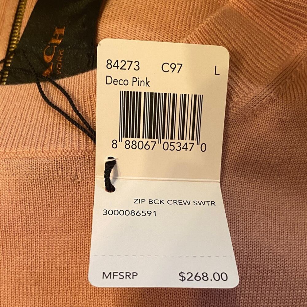NWT FLAWED Coach Merino Wool Zip Back Deco Pink Crew Sweater Size Large - Picture 8 of 12