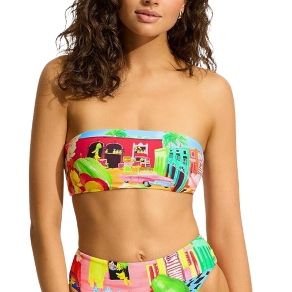 SEAFOLLY Women's Cuba Bandeau Bikini Top Size 10 Turquoise Multi Printed NWT