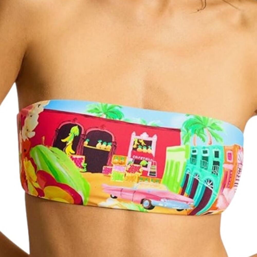 SEAFOLLY Women's Cuba Bandeau Bikini Top Size 10 Turquoise Multi Printed NWT - Picture 2 of 15