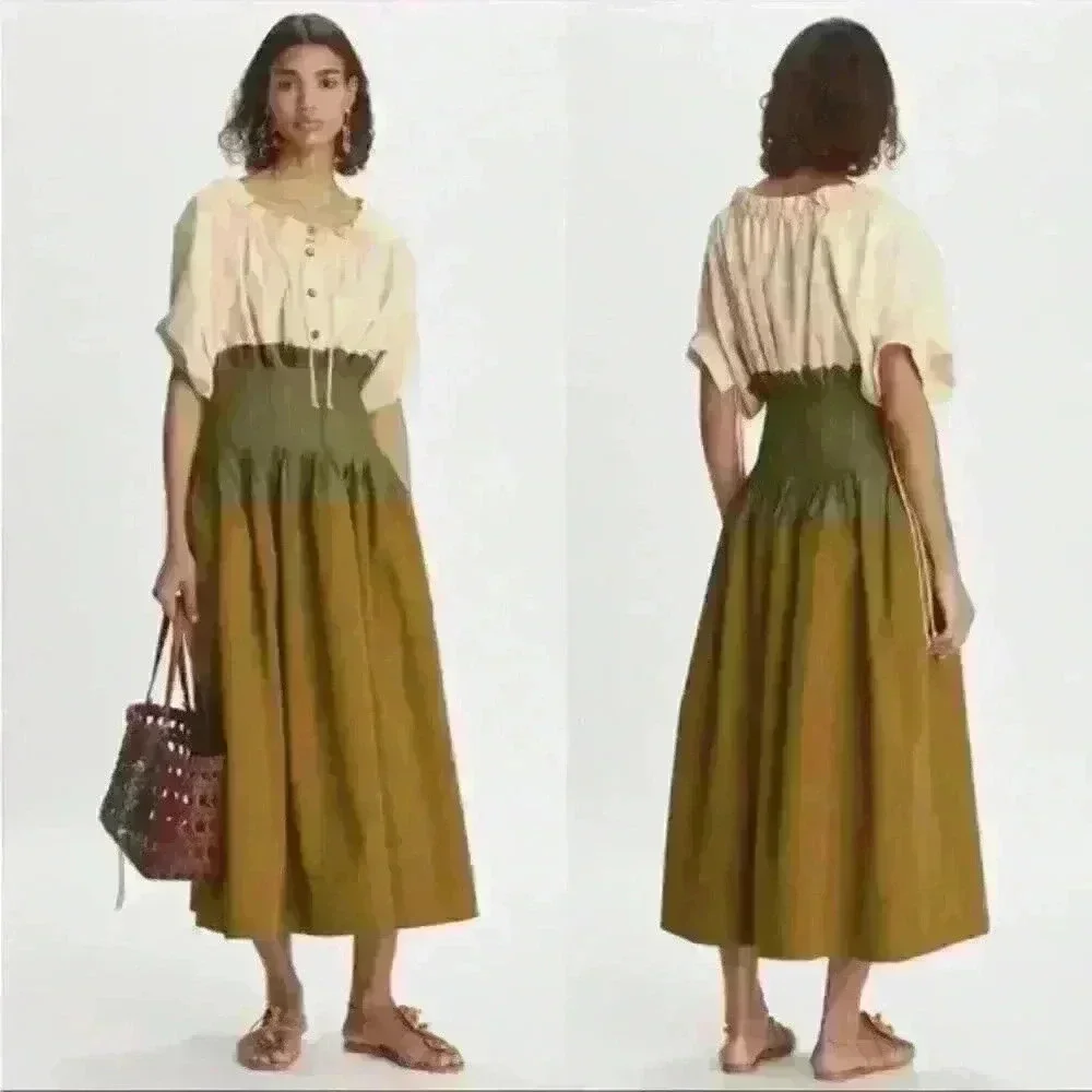 Tory Burch Colorblock Poplin Dress-Dark Mustard, Size 14 - Picture 1 of 12