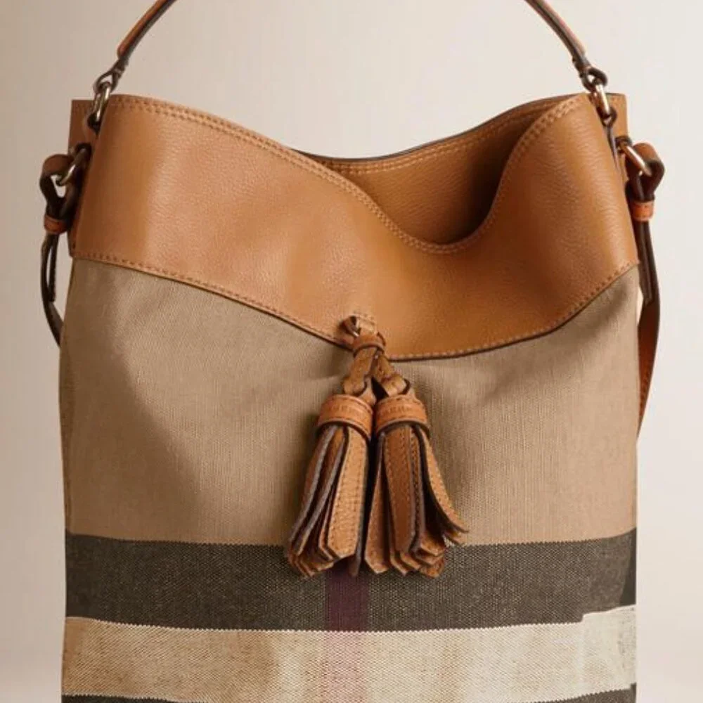 Burberry Ashy Bucket Bag Tassels, Plaid, Leather, Detachable Crossbody Strap EUC - Picture 1 of 14