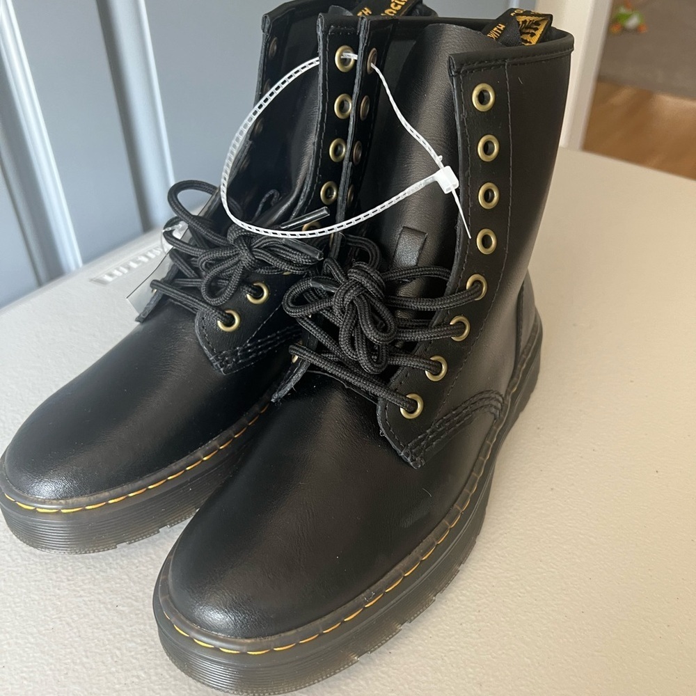 Dr. Martens Black Combat Boots with Yellow Stitching - Picture 5 of 7
