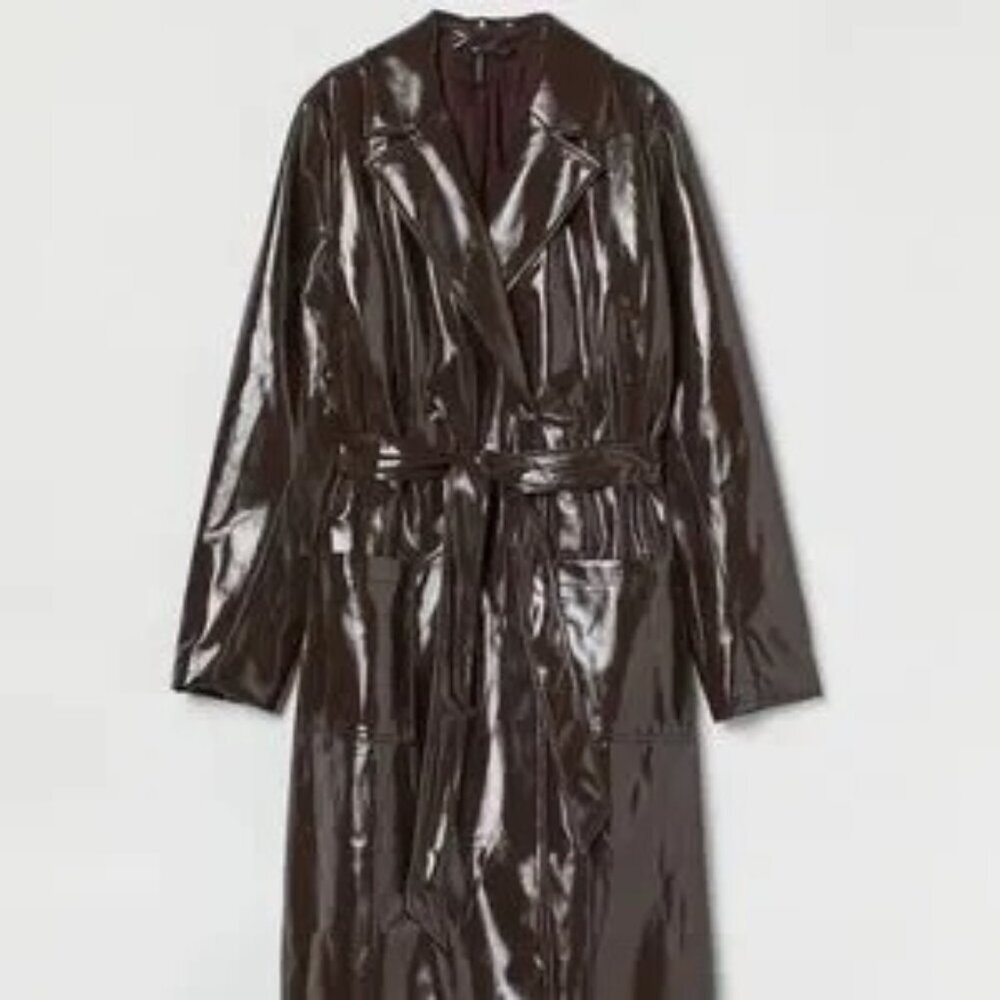 H&M Shiny Brown Women's Pleather  Trench Coat Size XL NWOT