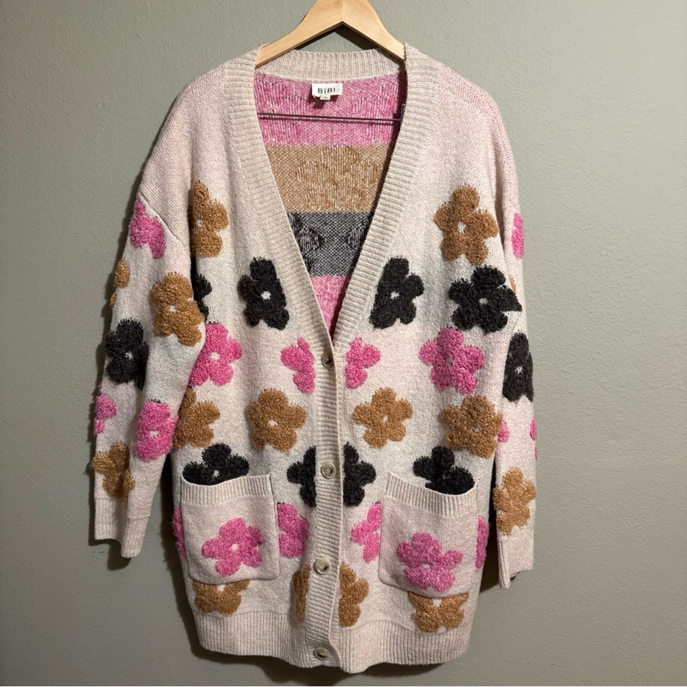 Bibi Fuzzy Textured Floral Relaxed Sweater Cardigan - Boho-Size Large - Picture 2 of 9