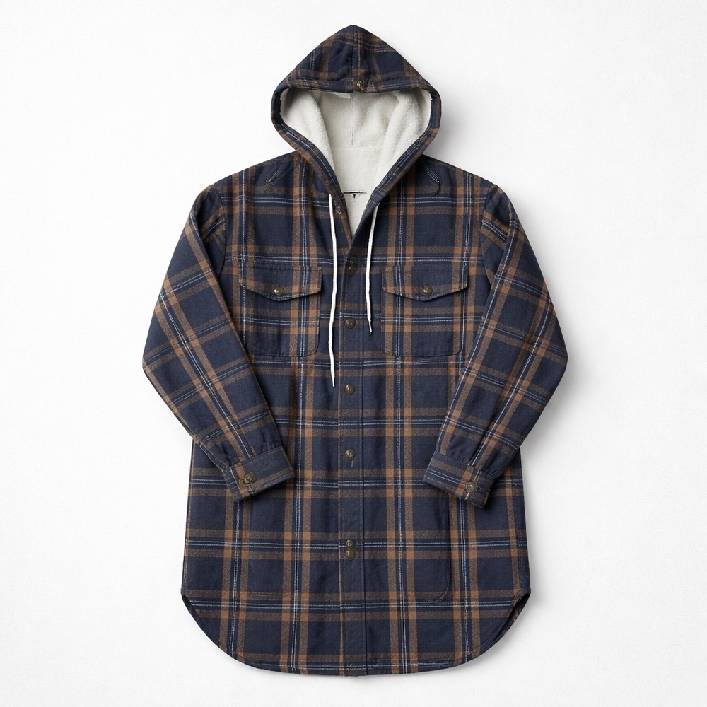 Helix Shacket Navy and Tan Plaid Hooded Jacket - Picture 2 of 5