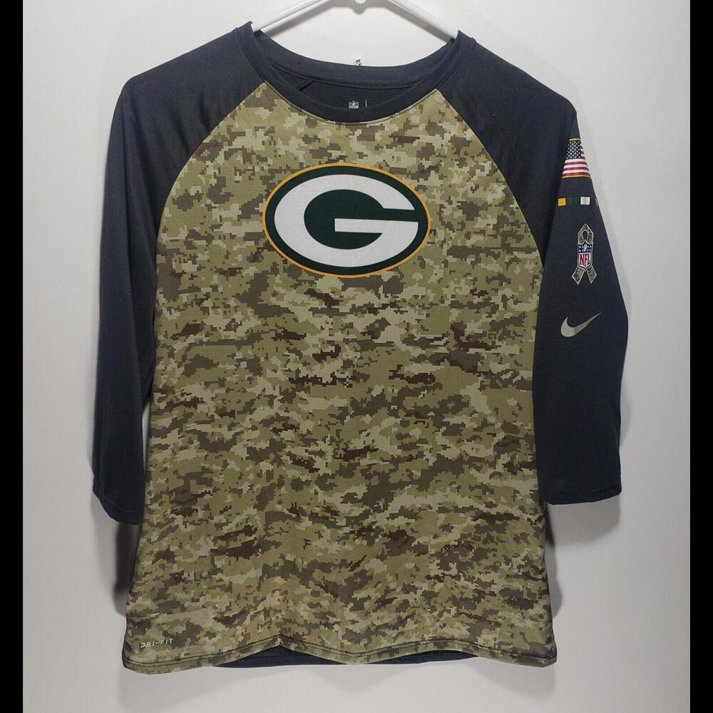 Womens Nike NFL Team Apparel Green Bay Packers Salute To Service 3/4 Sleeve‎ LG