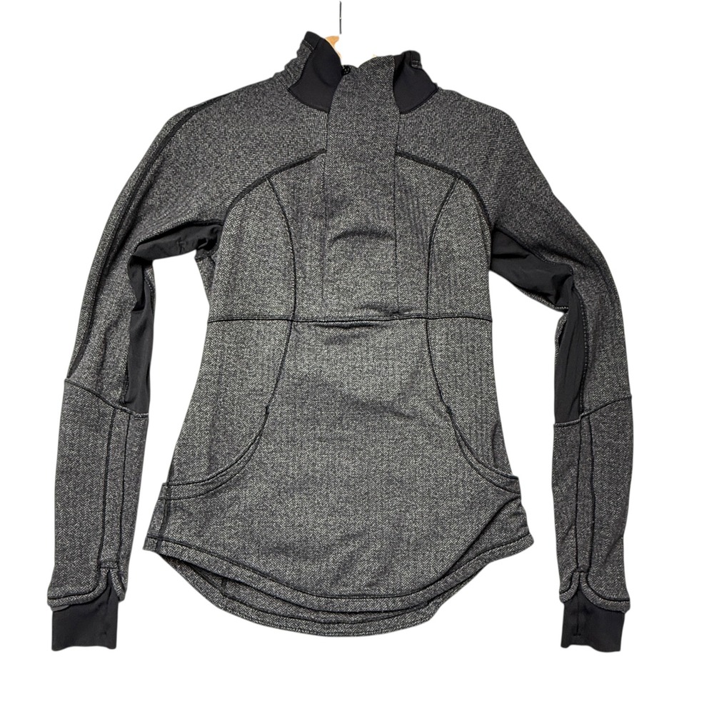 Lululemon herringbone athletic ¼‎ zip neck thumbholes black grey womens size 8