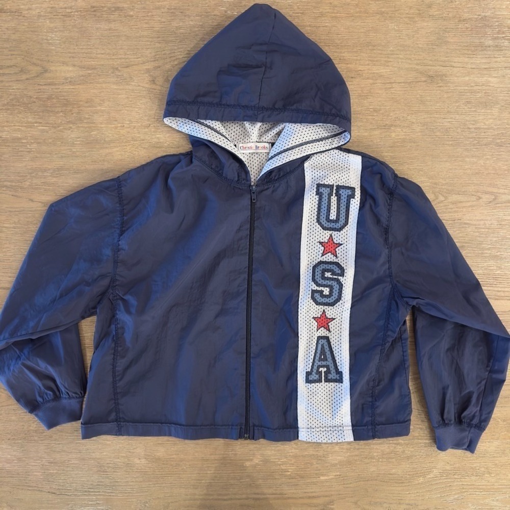 VTGE Christie Brooks USA Lined Hooded Nylon Windbreaker Jacket-Navy-Size L (14)‎