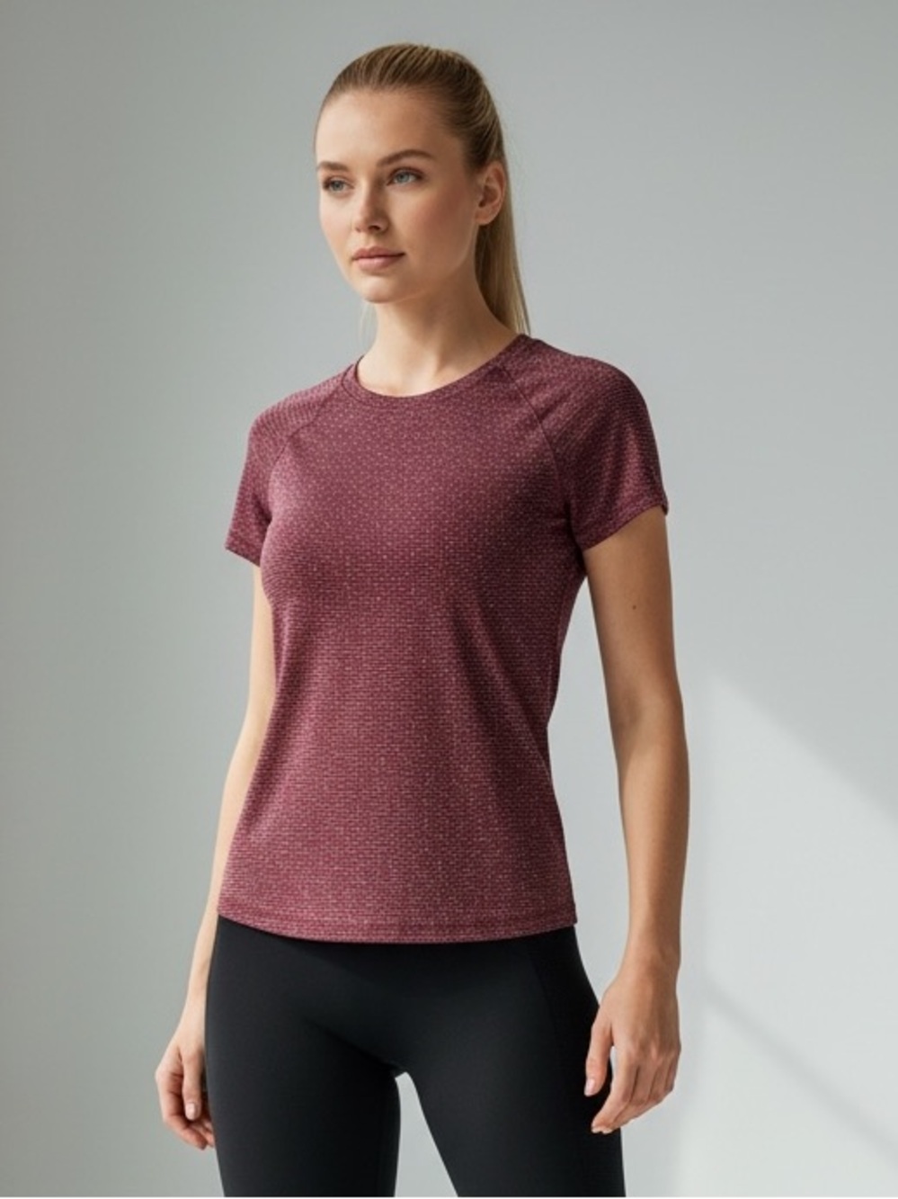 Athleta Women's Short Sleeve Crewneck Tee in Burgundy with Metallic Stripes