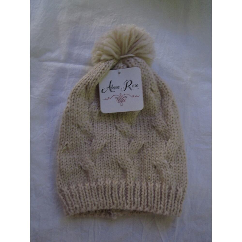 NEW Alexa Rose Winter Knit Hat Beanie Tuk Gold‎ Tan Woven Girl's Pom Pom Stretch