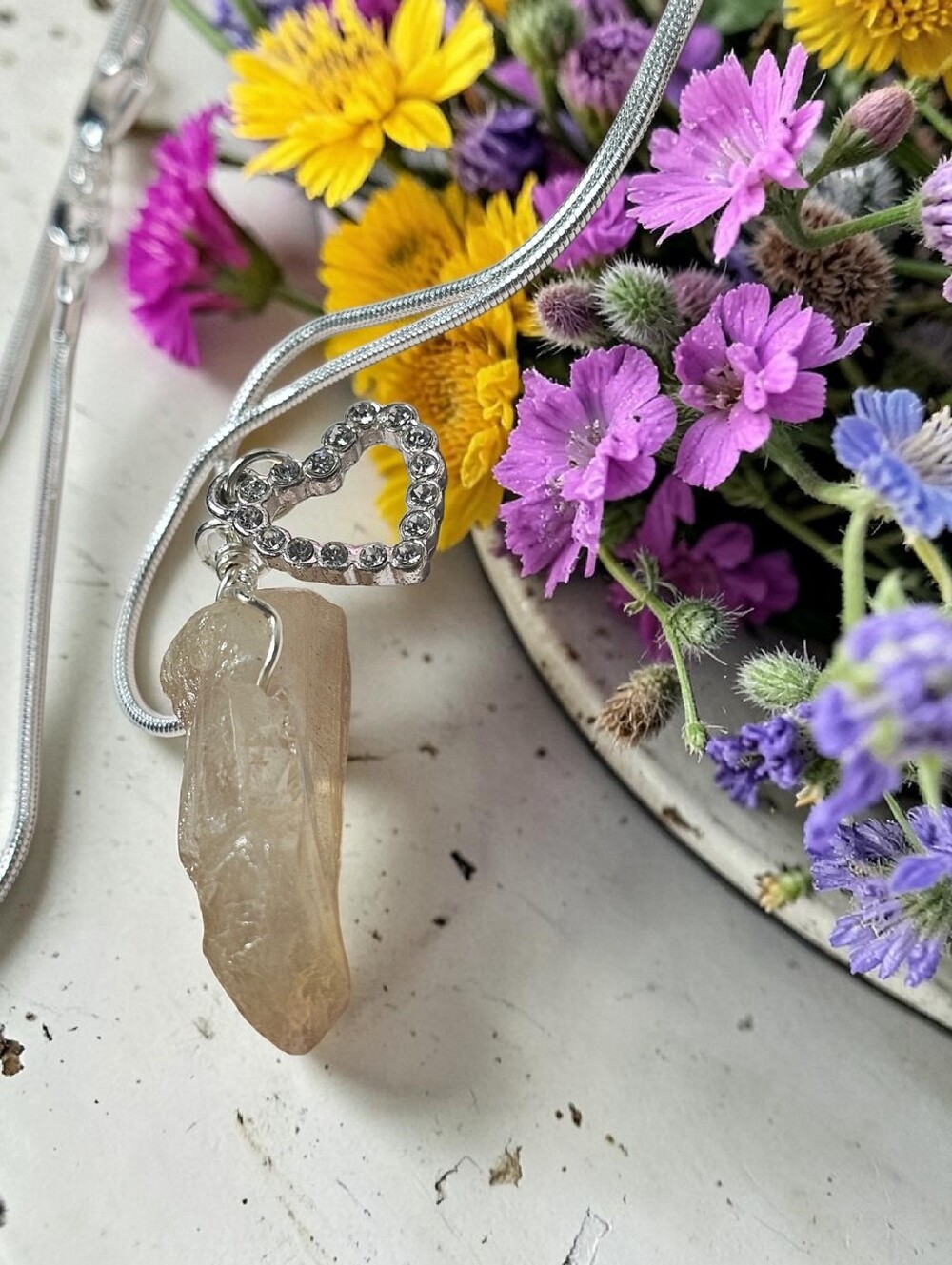 Heart Charm Necklace with Citrine Crystal Pendant - Silver Tone