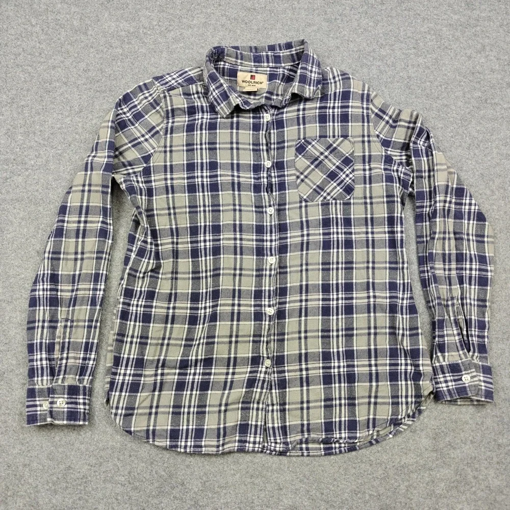 Woolrich Shirt Womens Large Blue Gray Plaid Flannel Button Up Long Sleeve Top - Picture 1 of 8