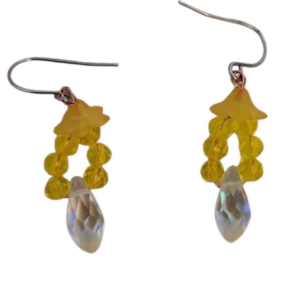 Hand Crafted Yellow Beaded Lantern Dangle Earrings with Iridescent Crystal Drop