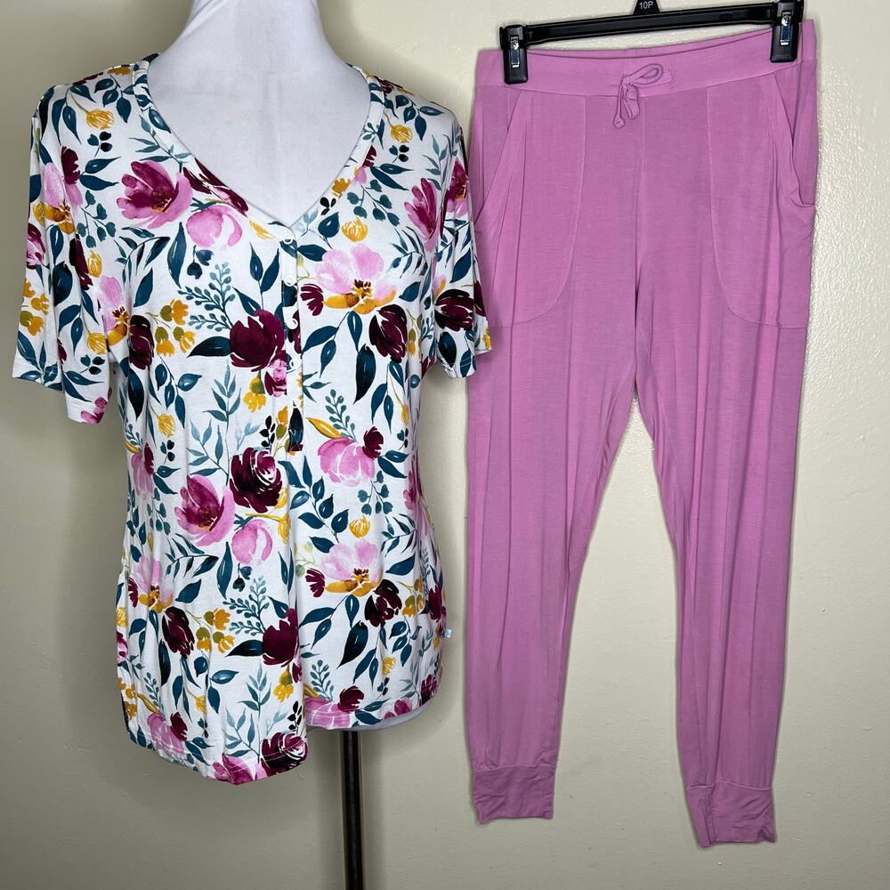Posh Peanut Pajama Set Medium Womens 2 Piece Floral Pink Lounge Sleepwear Bamboo
