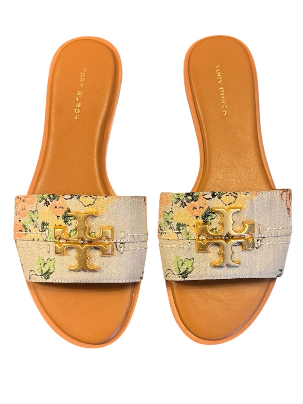 Tory Burch Everly Ivory Tan Floral Gold Logo Slide Sandals Size 6.5 MSRP $298