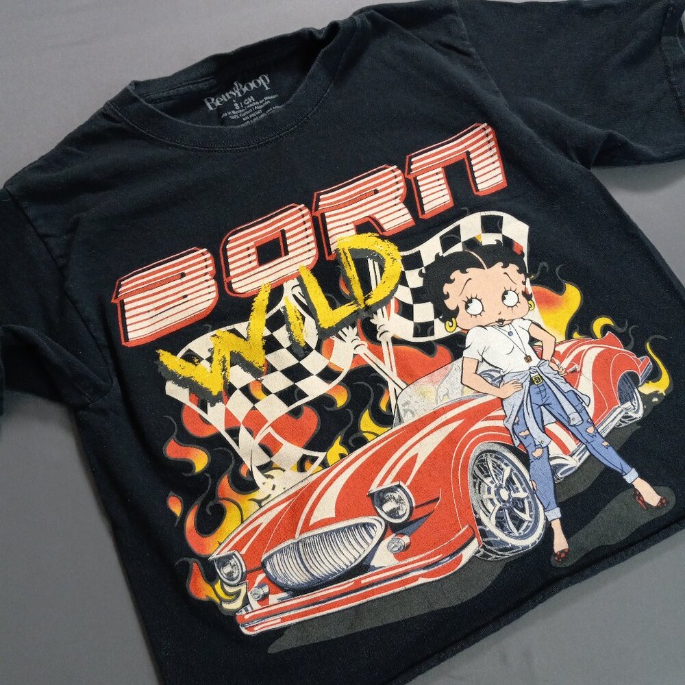 Betty Boop "Born Wild" Racing Graphic Cropped Tee -‎ Black - Size S