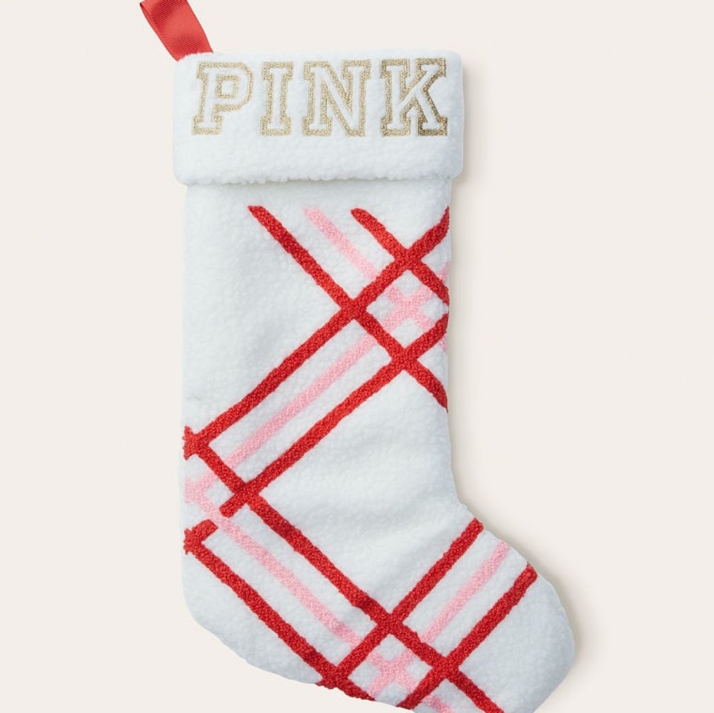 VICTORIA'S SECRET PINK FURRY SOFT CHRISTMAS STOCKING LINED WHITE RED PINK