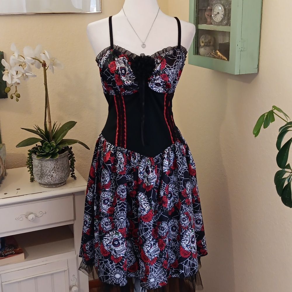 The Pyramid Collection Sugar Skull Satiny Dress. Whimsigoth. Retro.